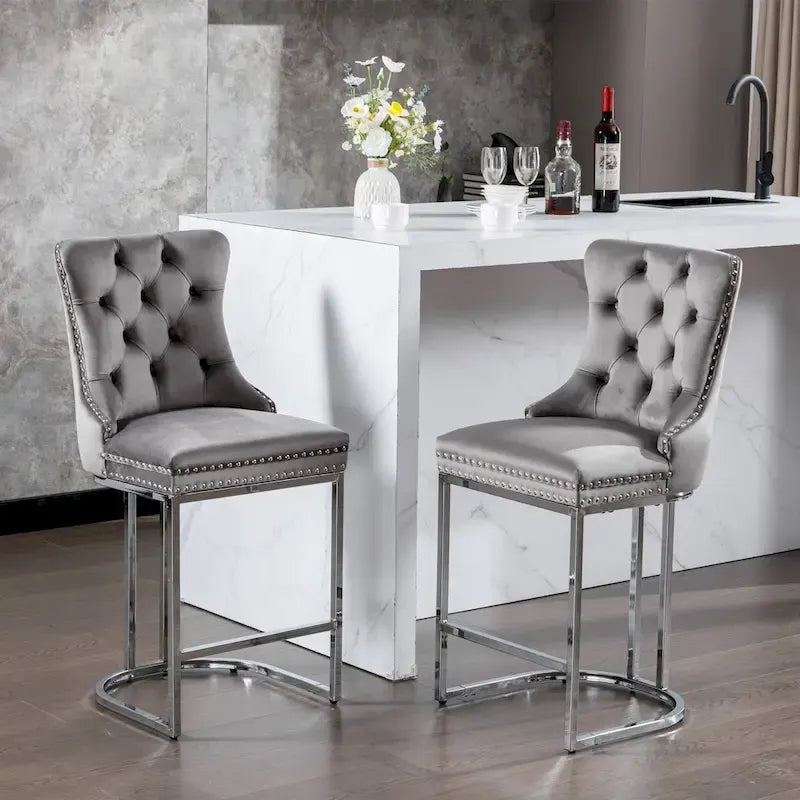 Tabourets de bar à dossier haut en velours bleu clair/beige/gris, lot de 2