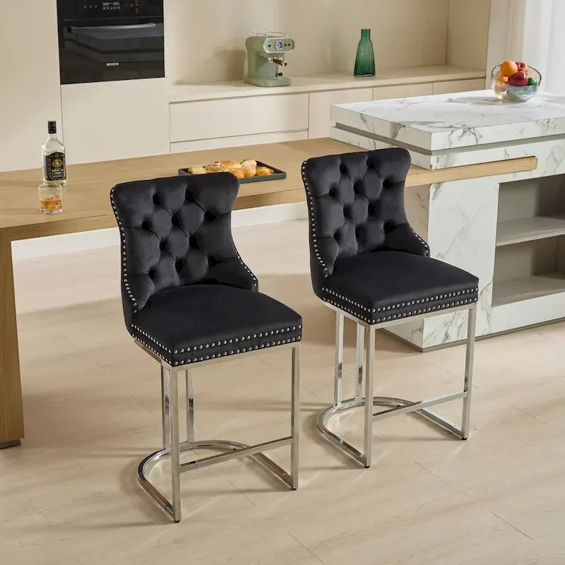 Tabourets de bar à dossier haut en velours bleu clair/beige/gris, lot de 2