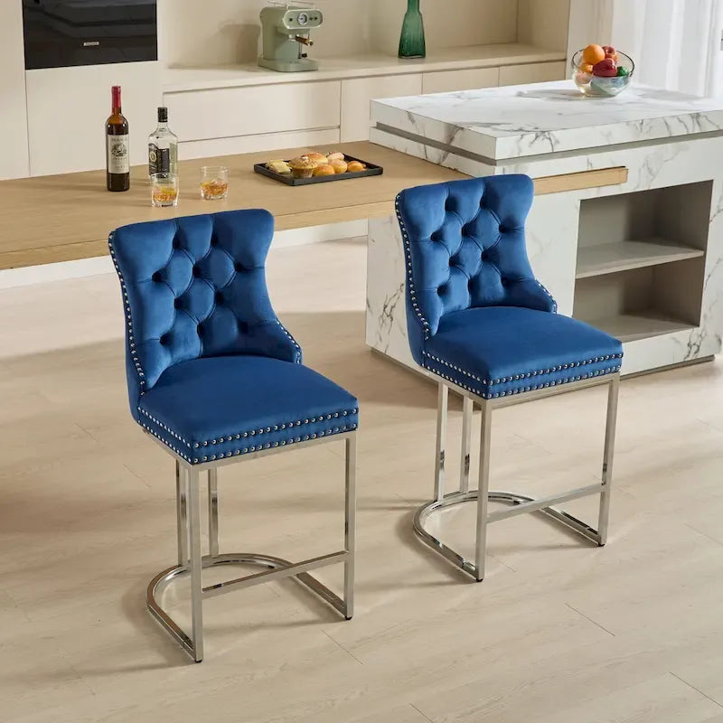 Tabourets de bar à dossier haut en velours bleu clair/beige/gris, lot de 2