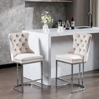 Tabourets de bar à dossier haut en velours bleu clair/beige/gris, lot de 2