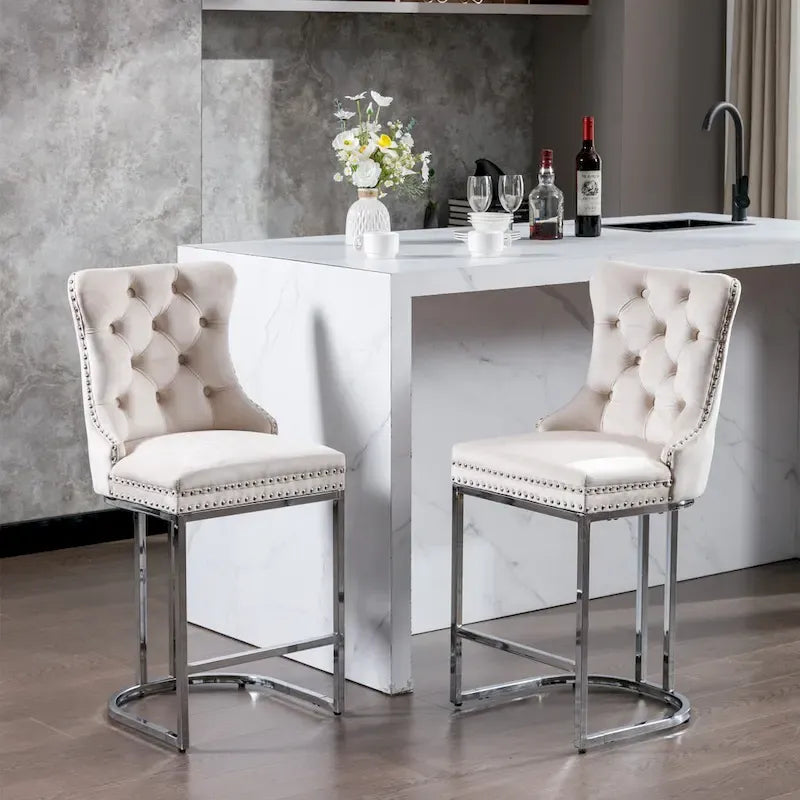 Tabourets de bar à dossier haut en velours bleu clair/beige/gris, lot de 2