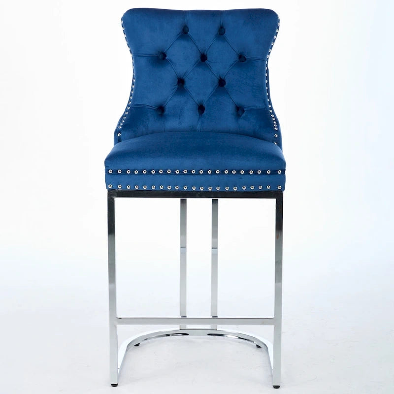 Tabourets de bar à dossier haut en velours bleu clair/beige/gris, lot de 2