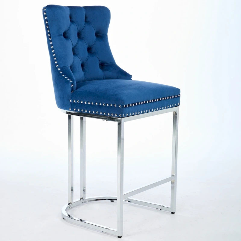 Tabourets de bar à dossier haut en velours bleu clair/beige/gris, lot de 2