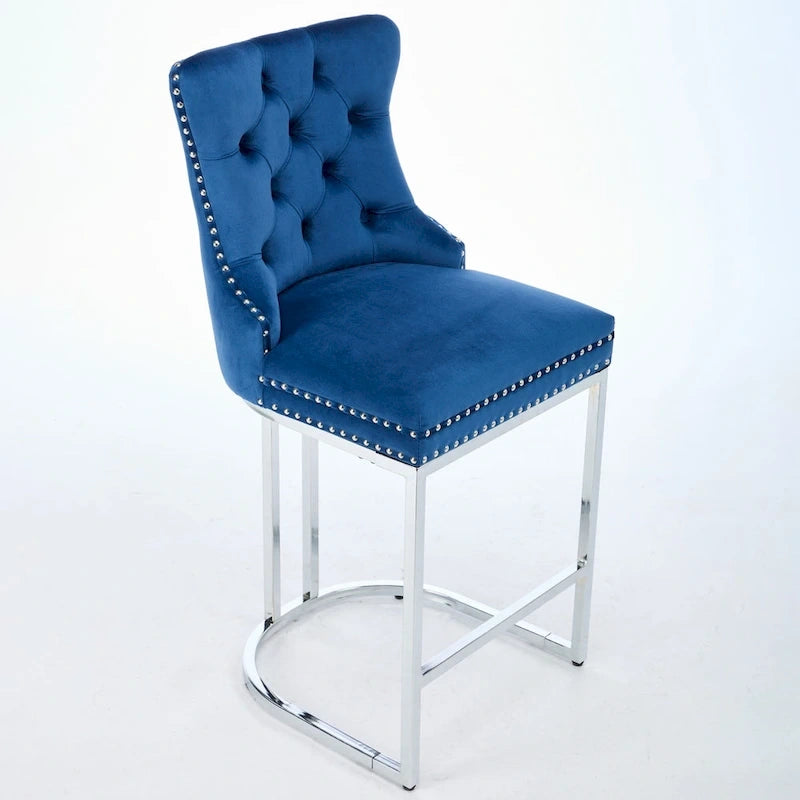 Tabourets de bar à dossier haut en velours bleu clair/beige/gris, lot de 2