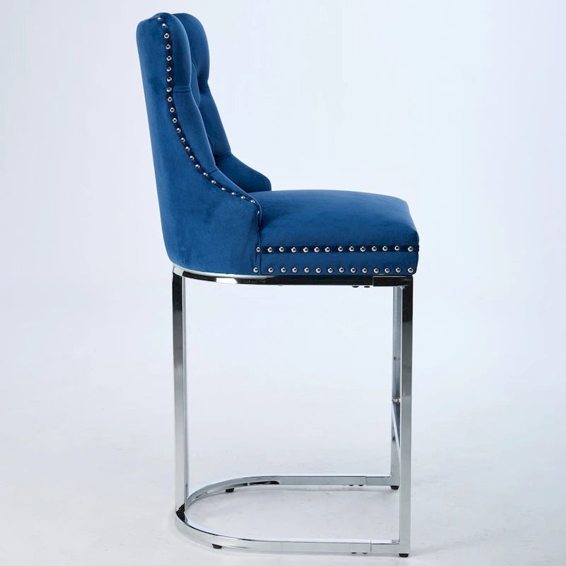 Tabourets de bar à dossier haut en velours bleu clair/beige/gris, lot de 2
