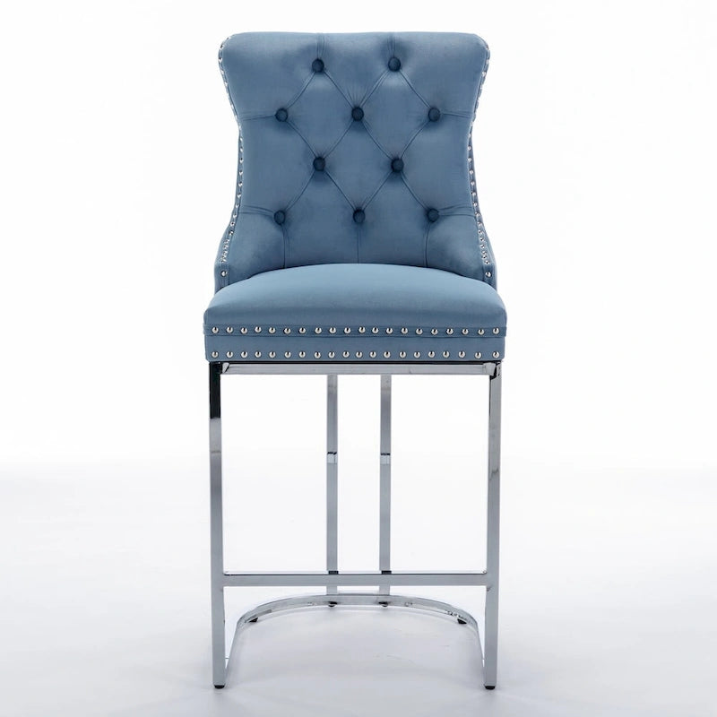 Tabourets de bar à dossier haut en velours bleu clair/beige/gris, lot de 2