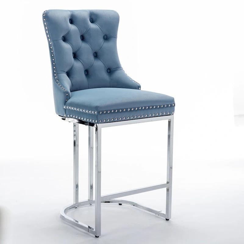 Tabourets de bar à dossier haut en velours bleu clair/beige/gris, lot de 2