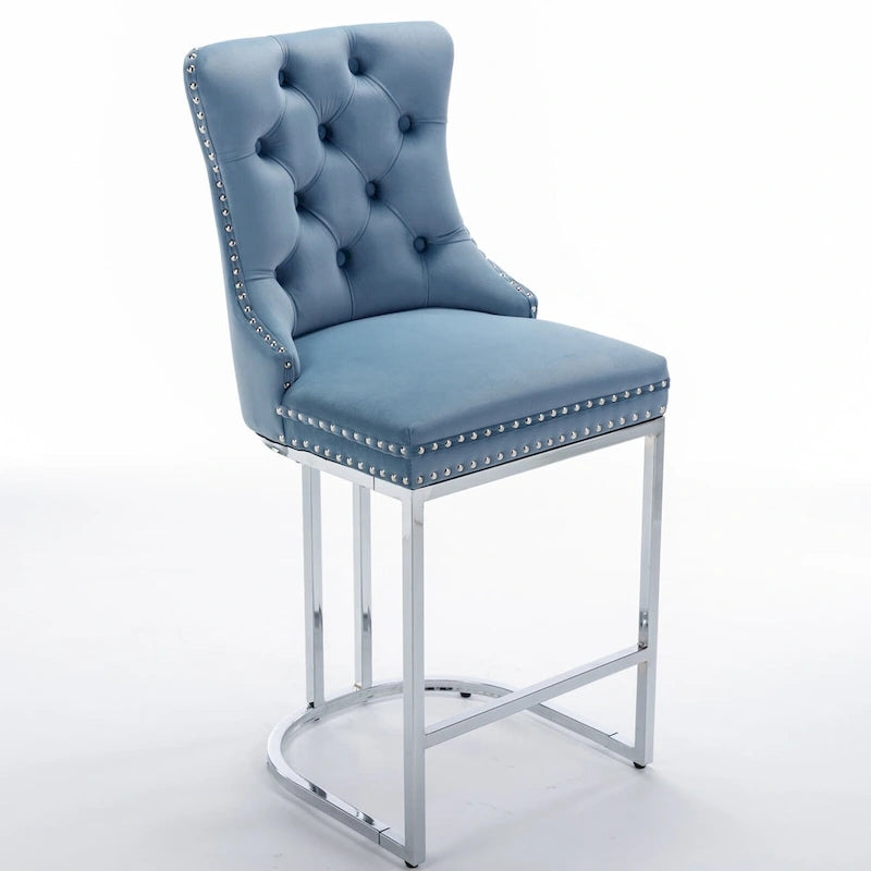 Tabourets de bar à dossier haut en velours bleu clair/beige/gris, lot de 2