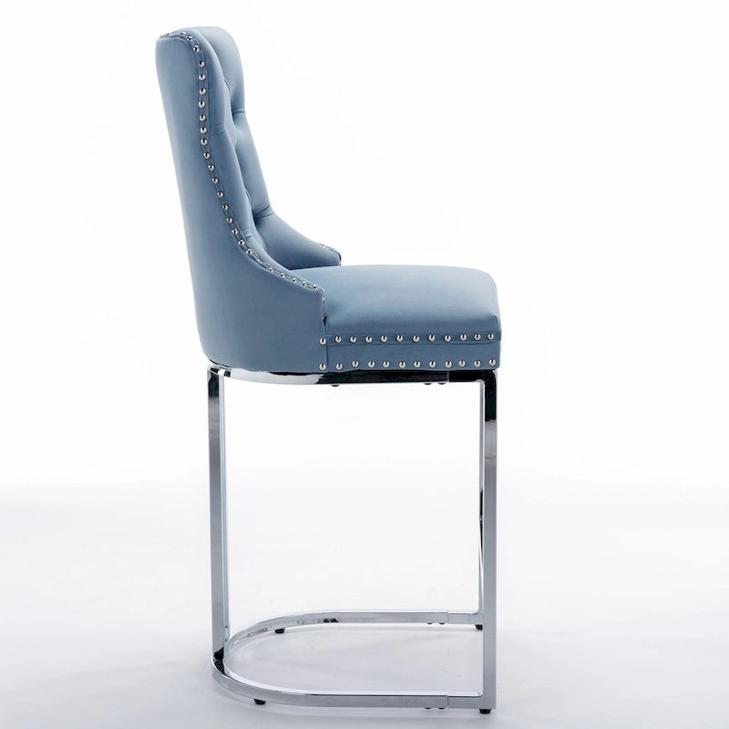 Tabourets de bar à dossier haut en velours bleu clair/beige/gris, lot de 2