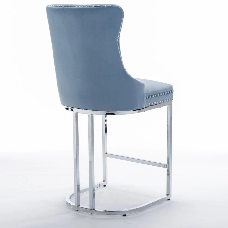 Tabourets de bar à dossier haut en velours bleu clair/beige/gris, lot de 2