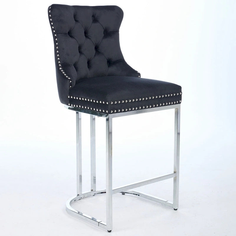 Tabourets de bar à dossier haut en velours bleu clair/beige/gris, lot de 2