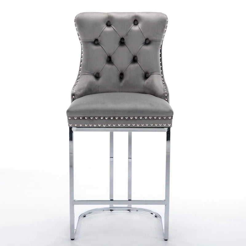 Tabourets de bar à dossier haut en velours bleu clair/beige/gris, lot de 2