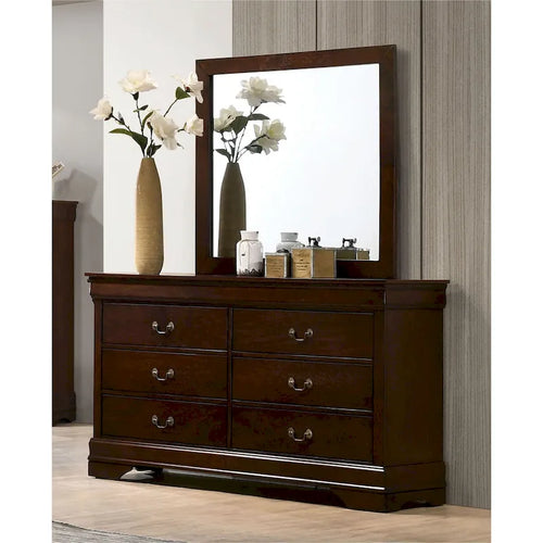 Commode en bois 6 tiroirs noir/cerise/gris, style transitionnel, assemblage par 1 personne