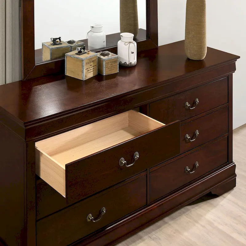 Commode en bois 6 tiroirs noir/cerise/gris, style transitionnel, assemblage par 1 personne