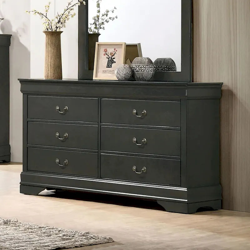 Commode en bois 6 tiroirs noir/cerise/gris, style transitionnel, assemblage par 1 personne