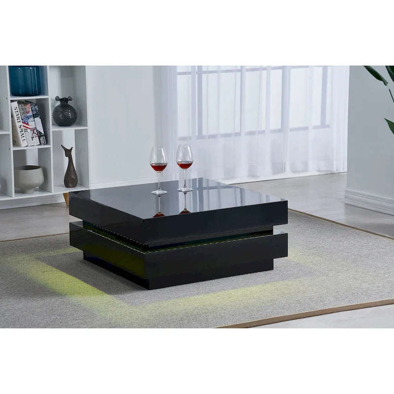 Table basse carrée noire brillante avec lumière d'ambiance LED, assemblage par 2 personnes
