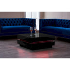 Table basse carrée noire brillante avec lumière d'ambiance LED, assemblage par 2 personnes