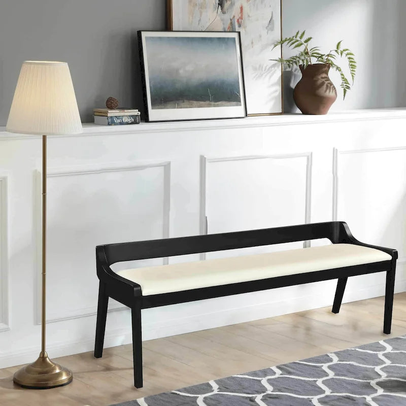 Banc de salle à manger mi-siècle marron et noir, coussin en similicuir, 2 places