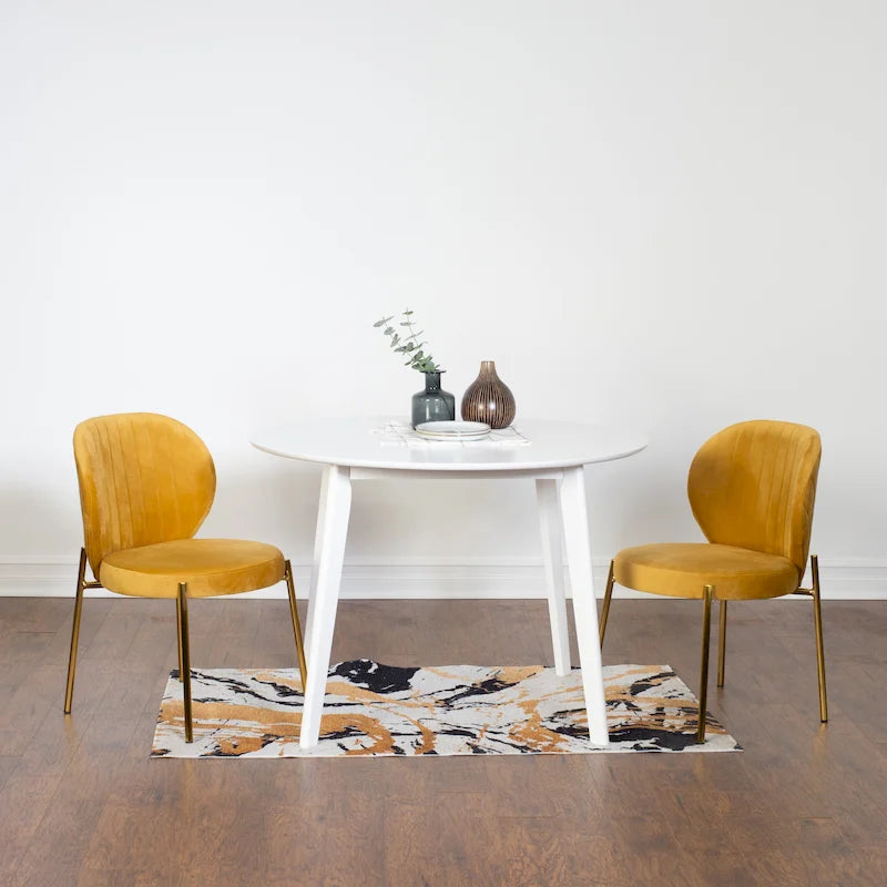 Ensemble de salle à manger rond 3 pièces, table blanche et 2 chaises en velours, jaune / vert / bleu, 2 places