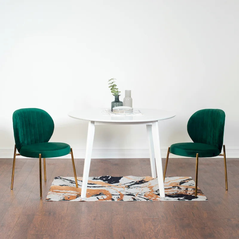 Ensemble de salle à manger rond 3 pièces, table blanche et 2 chaises en velours, jaune / vert / bleu, 2 places