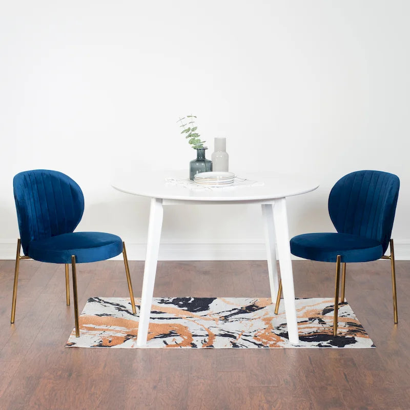 Ensemble de salle à manger rond 3 pièces, table blanche et 2 chaises en velours, jaune / vert / bleu, 2 places