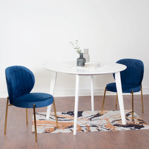 Ensemble de salle à manger rond 3 pièces, table blanche et 2 chaises en velours, jaune / vert / bleu, 2 places