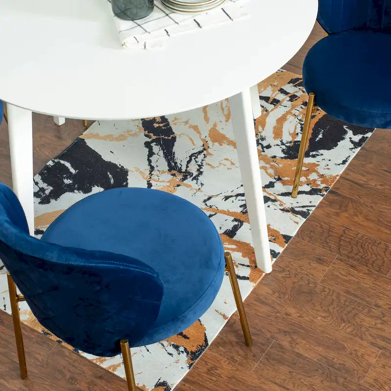 Ensemble de salle à manger rond 3 pièces, table blanche et 2 chaises en velours, jaune / vert / bleu, 2 places
