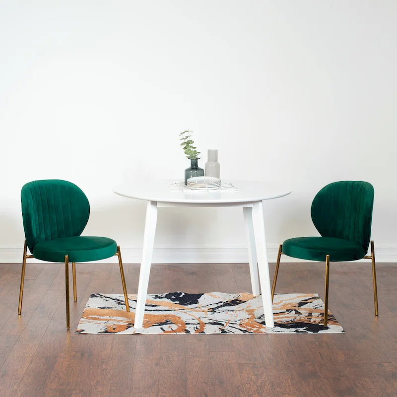 Ensemble de salle à manger rond 3 pièces, table blanche et 2 chaises en velours, jaune / vert / bleu, 2 places