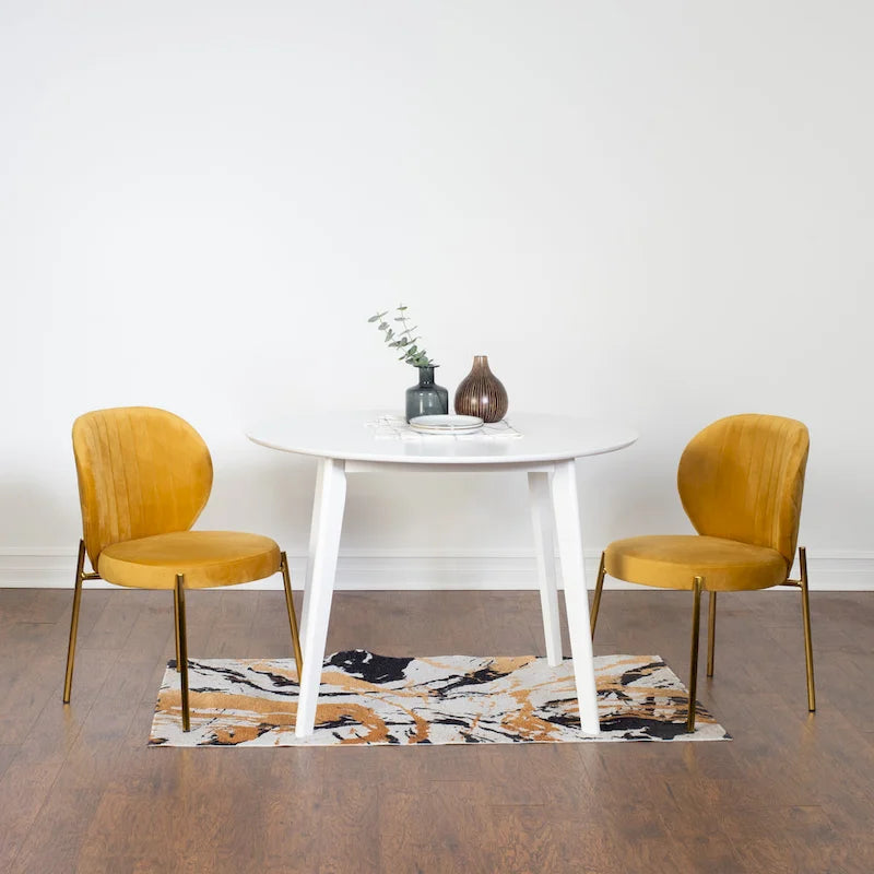 Ensemble de salle à manger rond 3 pièces, table blanche et 2 chaises en velours, jaune / vert / bleu, 2 places