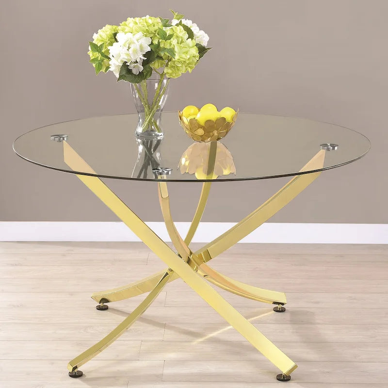 Ensemble de salle à manger blanc 5 pièces avec plateau en verre rond et base en métal doré, 4 places