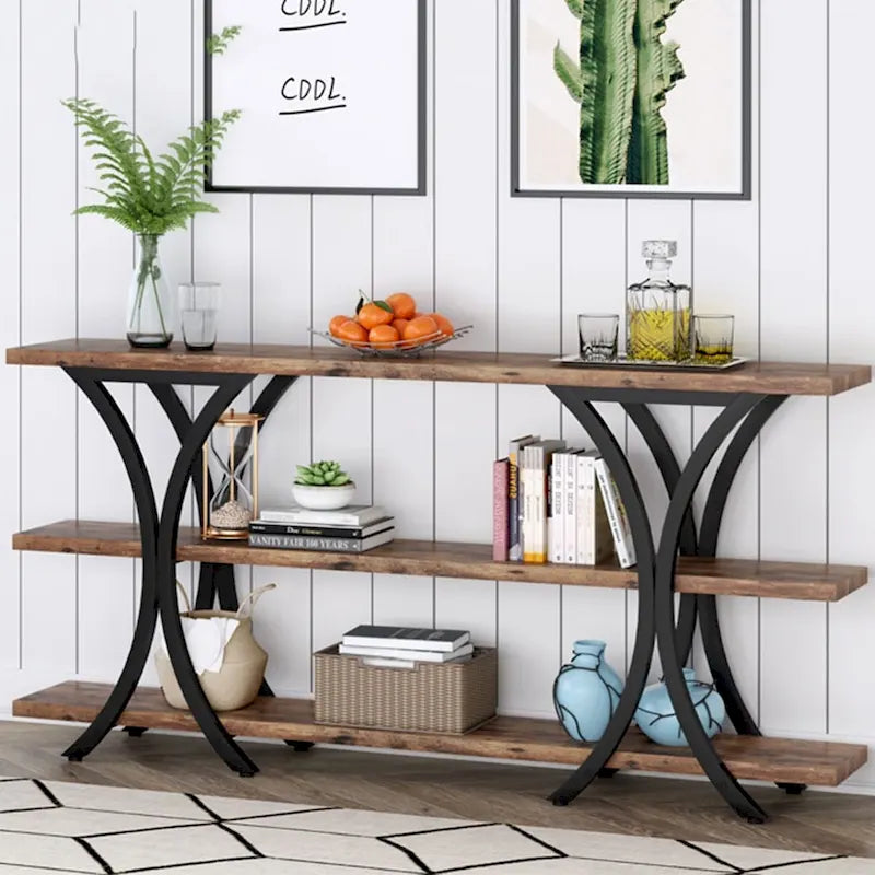 Table console étroite à 3 niveaux marron/gris/doré, style industriel, assemblage par 1 personne