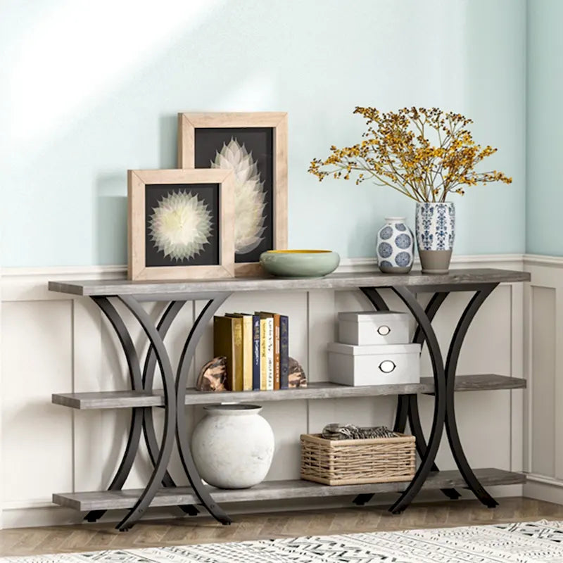 Table console étroite à 3 niveaux marron/gris/doré, style industriel, assemblage par 1 personne