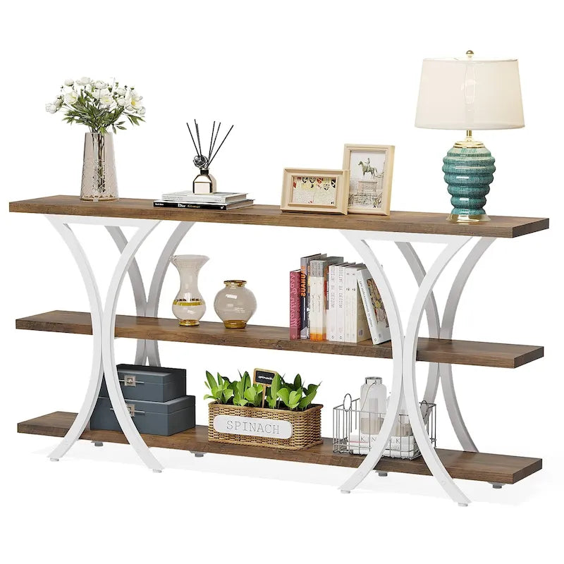 Table console étroite à 3 niveaux marron/gris/doré, style industriel, assemblage par 1 personne