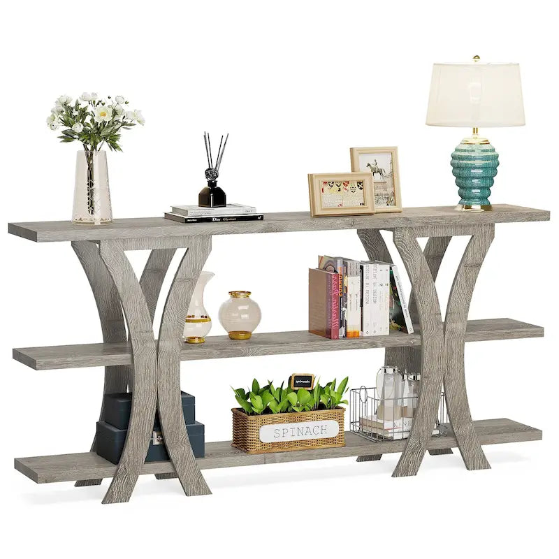 Table console étroite à 3 niveaux marron/gris/doré, style industriel, assemblage par 1 personne