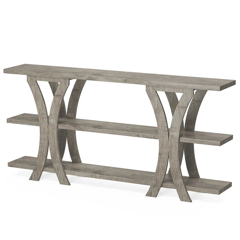 Table console étroite à 3 niveaux marron/gris/doré, style industriel, assemblage par 1 personne