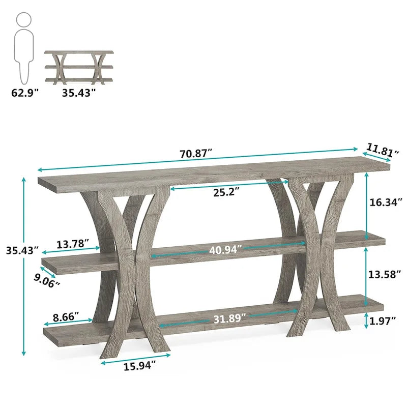 Table console étroite à 3 niveaux marron/gris/doré, style industriel, assemblage par 1 personne