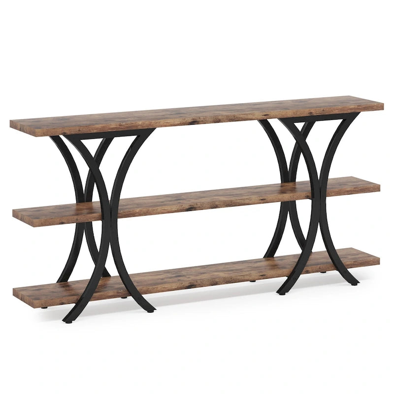 Table console étroite à 3 niveaux marron/gris/doré, style industriel, assemblage par 1 personne