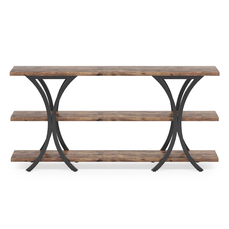 Table console étroite à 3 niveaux marron/gris/doré, style industriel, assemblage par 1 personne