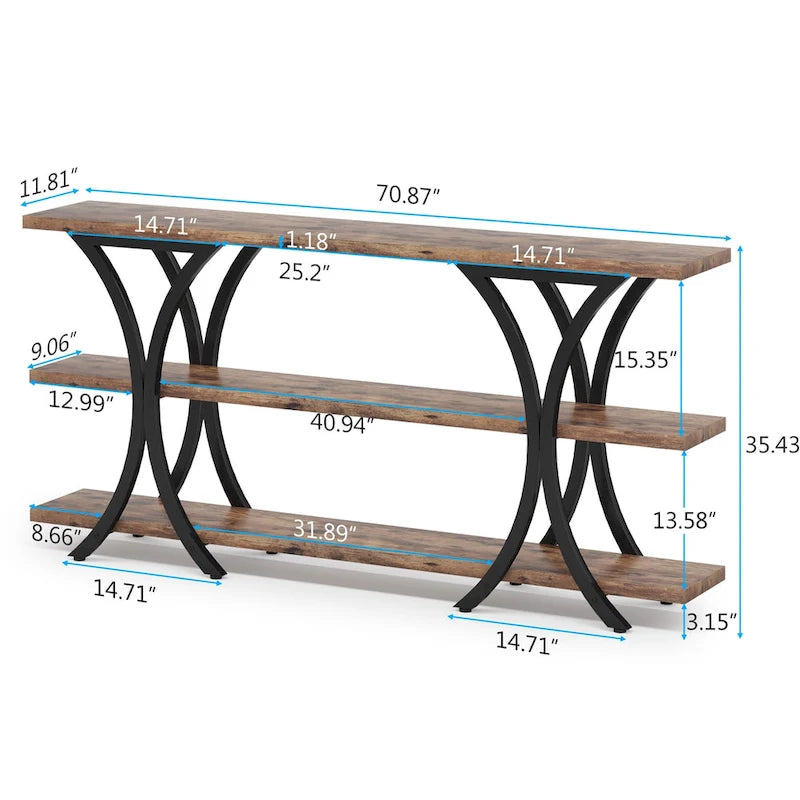 Table console étroite à 3 niveaux marron/gris/doré, style industriel, assemblage par 1 personne