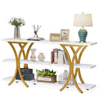 Table console étroite à 3 niveaux marron/gris/doré, style industriel, assemblage par 1 personne