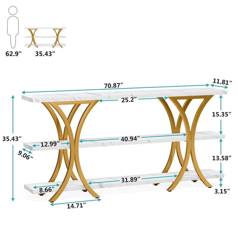 Table console étroite à 3 niveaux marron/gris/doré, style industriel, assemblage par 1 personne
