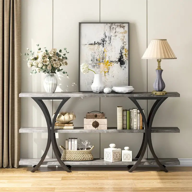 Table console étroite à 3 niveaux marron/gris/doré, style industriel, assemblage par 1 personne