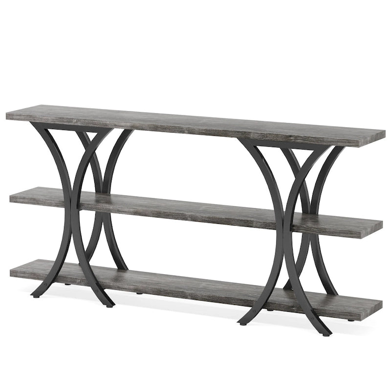 Table console étroite à 3 niveaux marron/gris/doré, style industriel, assemblage par 1 personne