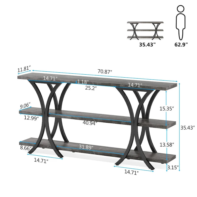 Table console étroite à 3 niveaux marron/gris/doré, style industriel, assemblage par 1 personne