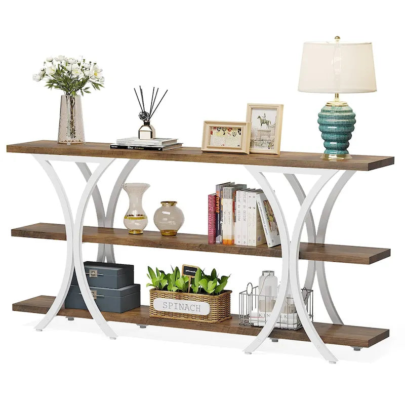 Table console étroite à 3 niveaux marron/gris/doré, style industriel, assemblage par 1 personne