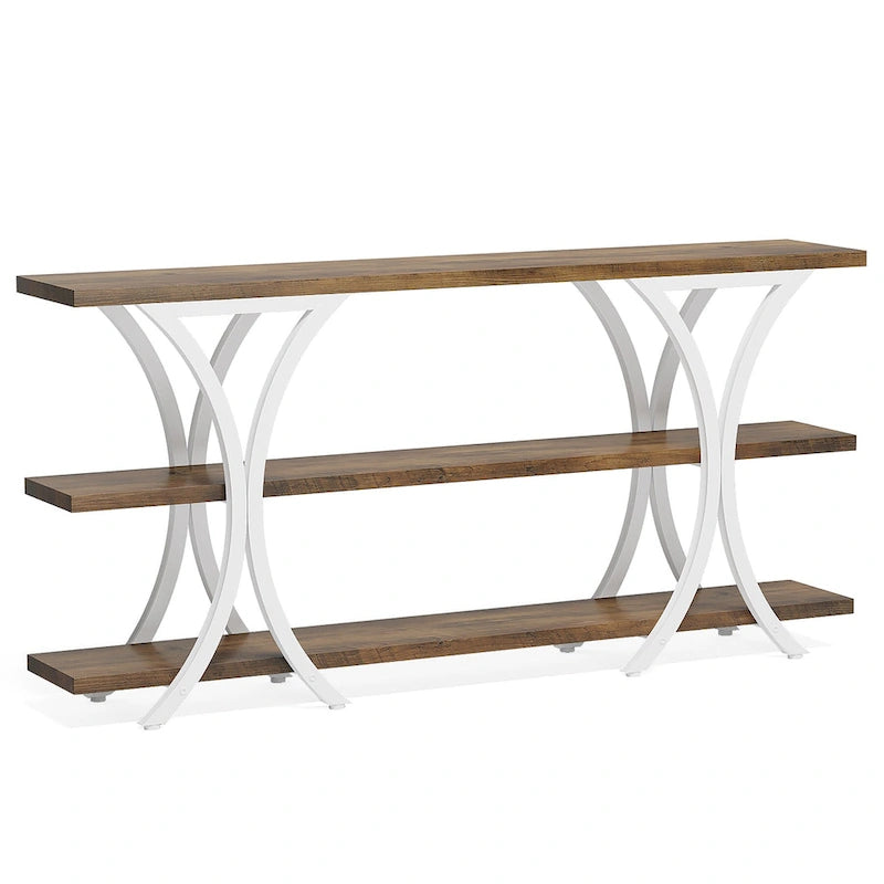 Table console étroite à 3 niveaux marron/gris/doré, style industriel, assemblage par 1 personne
