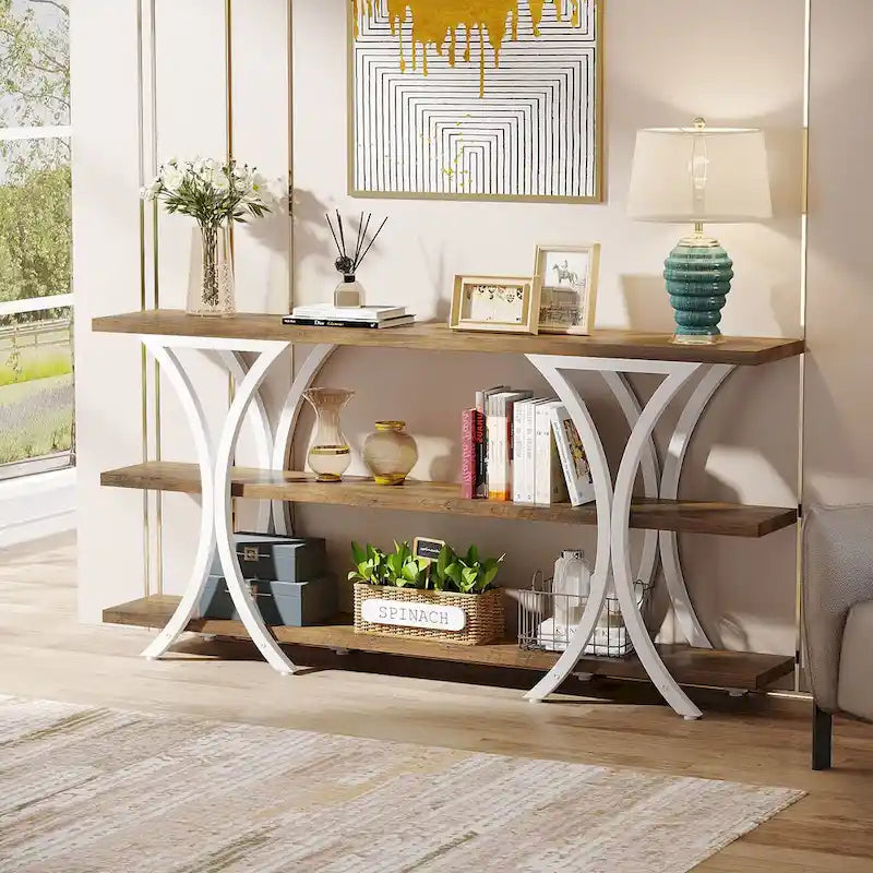 Table console étroite à 3 niveaux marron/gris/doré, style industriel, assemblage par 1 personne