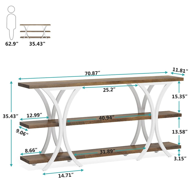 Table console étroite à 3 niveaux marron/gris/doré, style industriel, assemblage par 1 personne