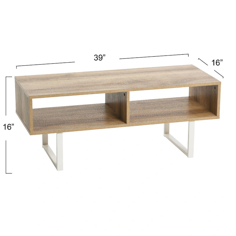 Meuble TV rectangulaire et table basse avec 2 étagères de rangement – Chêne côtier / Ardoise / Noir / Frêne