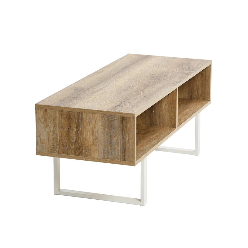 Meuble TV rectangulaire et table basse avec 2 étagères de rangement – Chêne côtier / Ardoise / Noir / Frêne